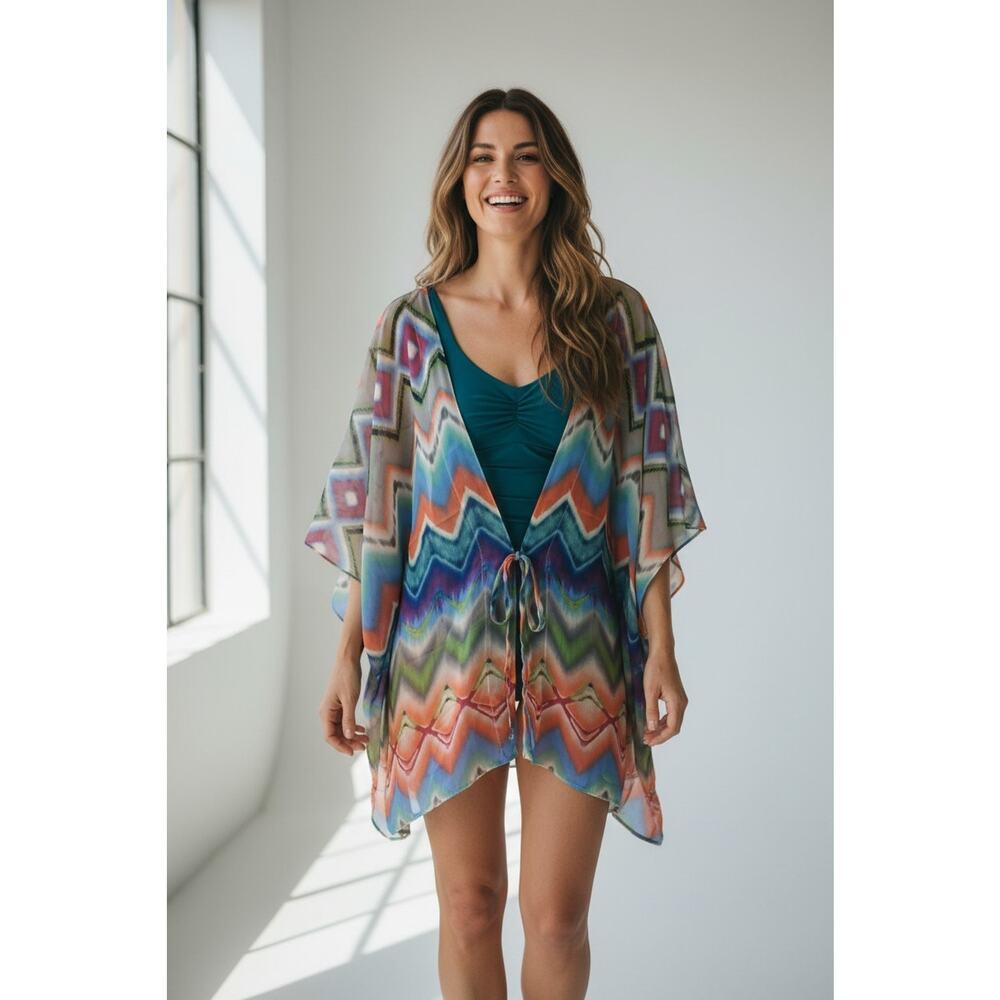 Y2K Beach‎ COVERUP Topper XL Gypsy Boho Colorful Resort Festival Cocktail Sheer